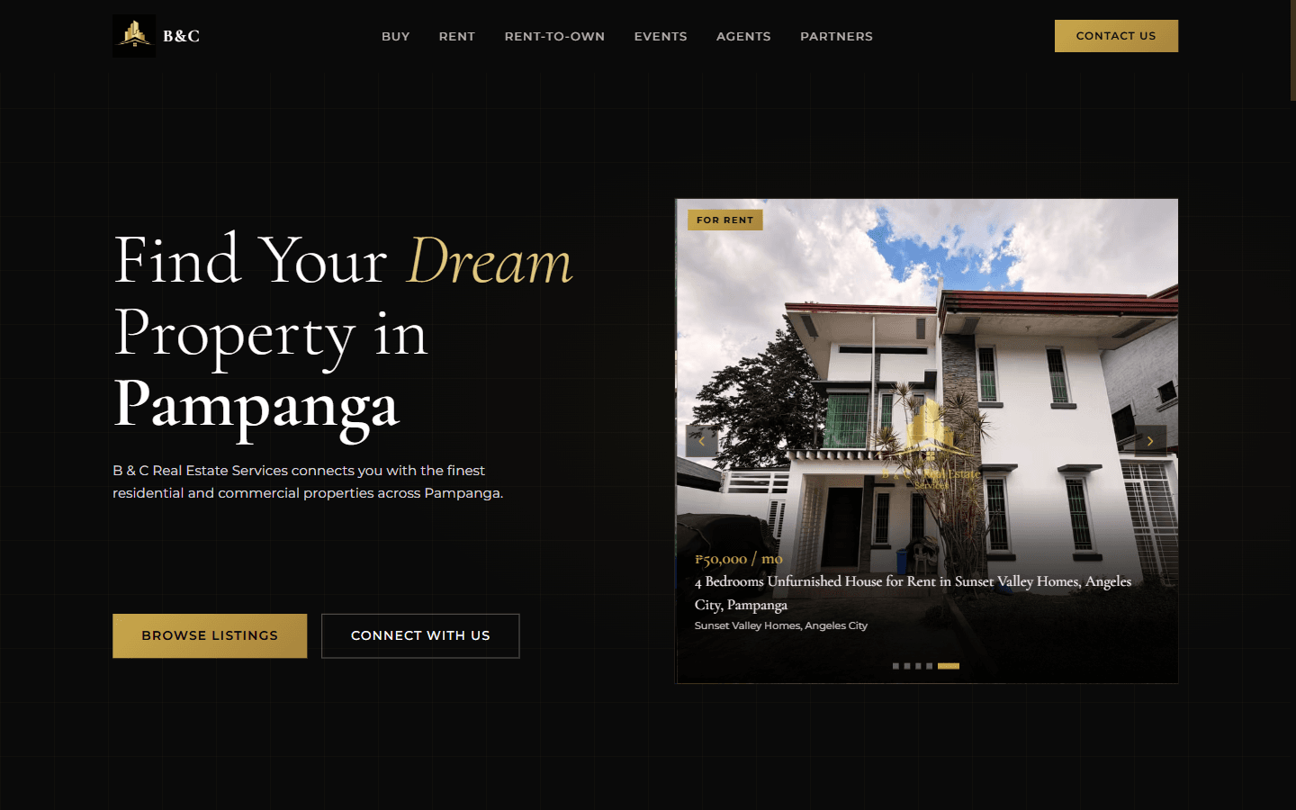 B&C Real Estate hero with featured Pampanga properties