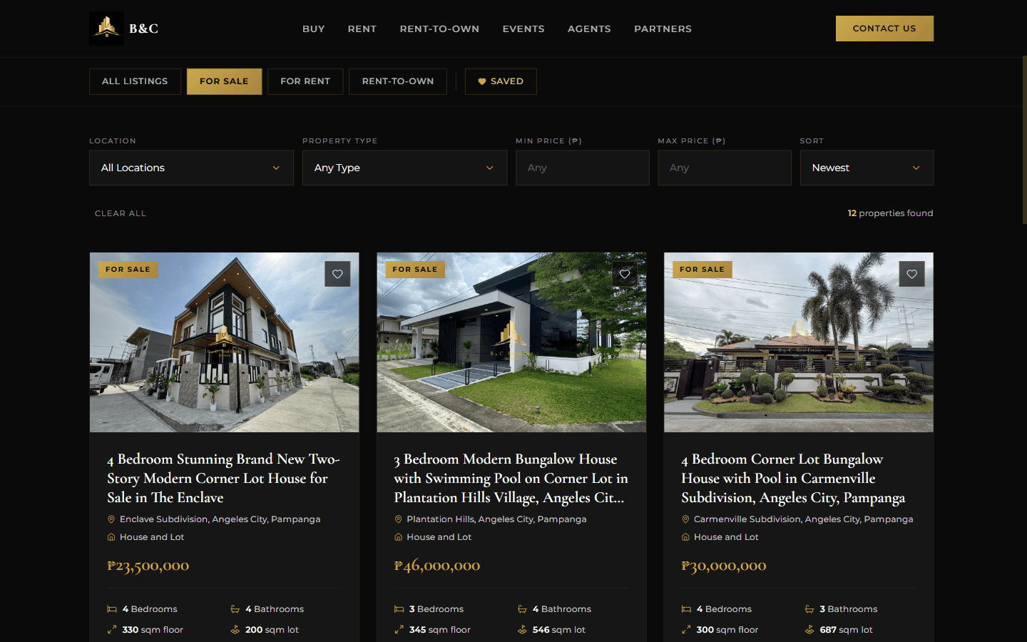 Properties listing page with filters