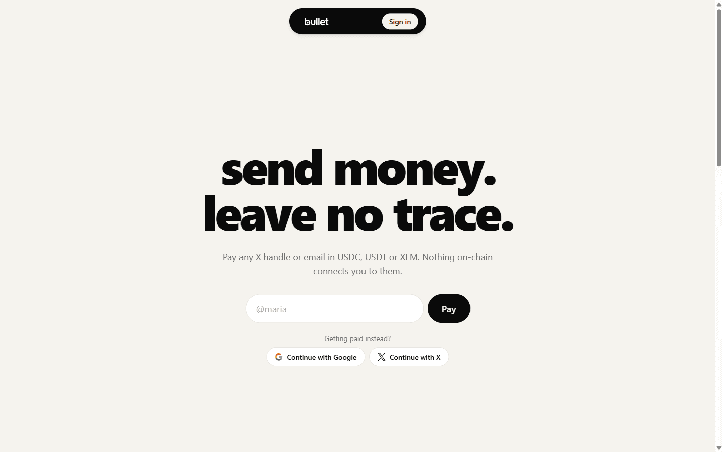 Bullet hero: send money, leave no trace