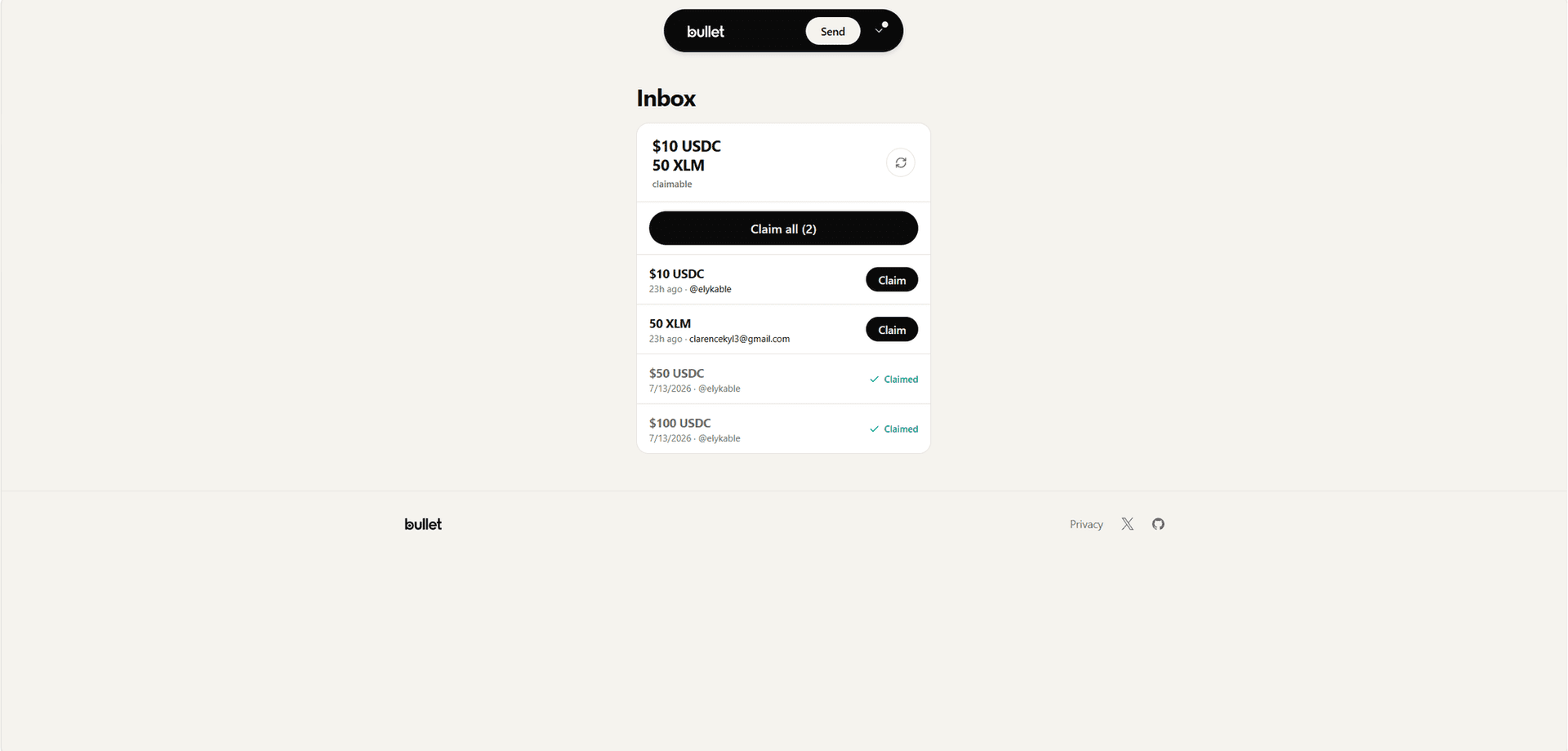 Inbox with claimable USDC and XLM notes