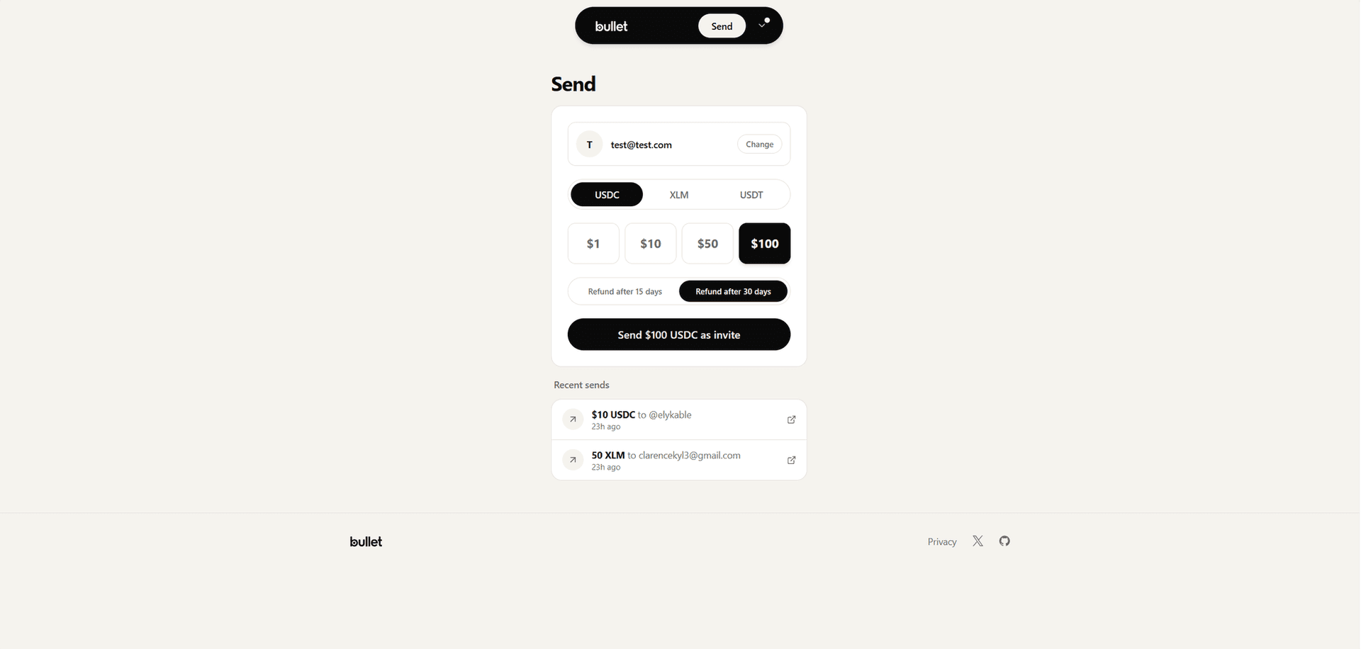 Send flow with fixed-amount denominations