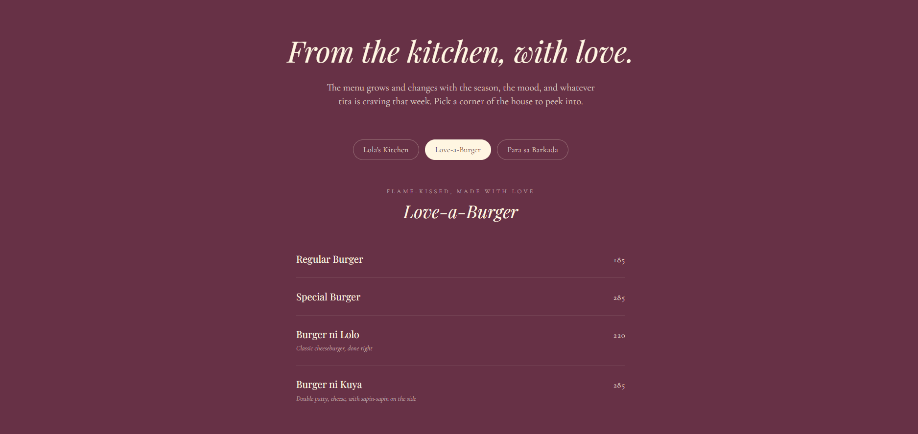 Kiara menu section with category tabs