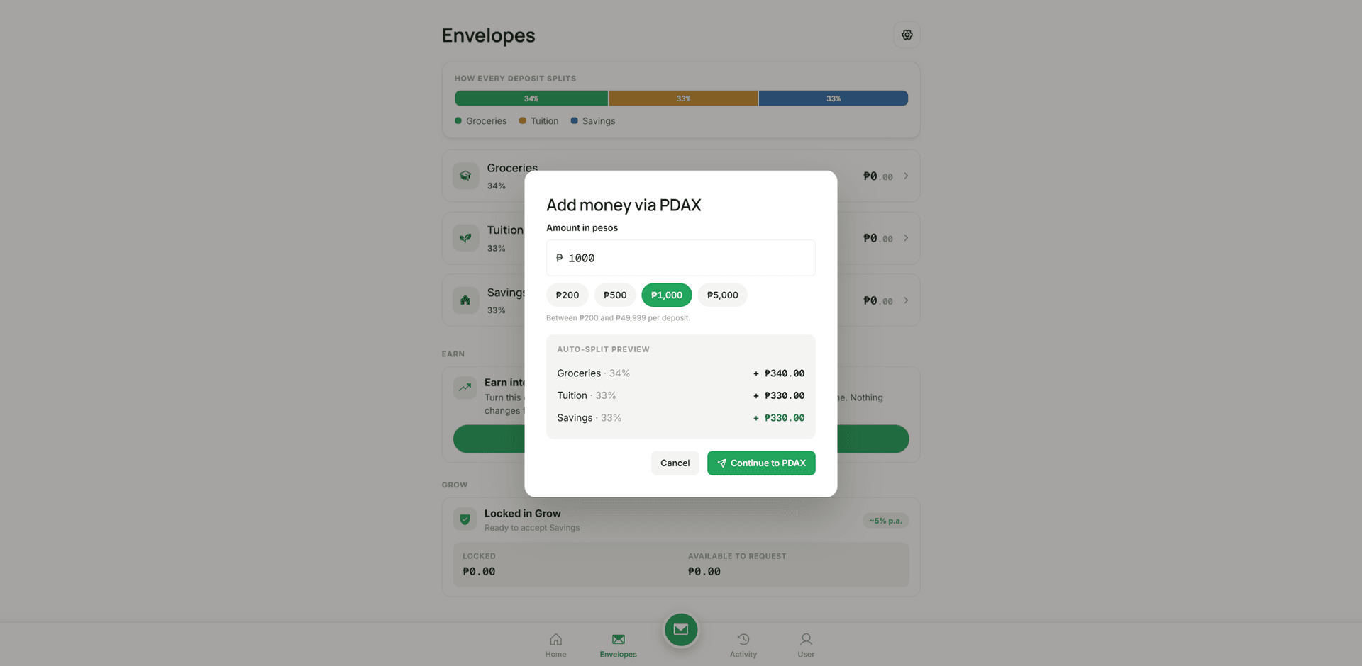 Add money via PDAX modal with auto-split preview